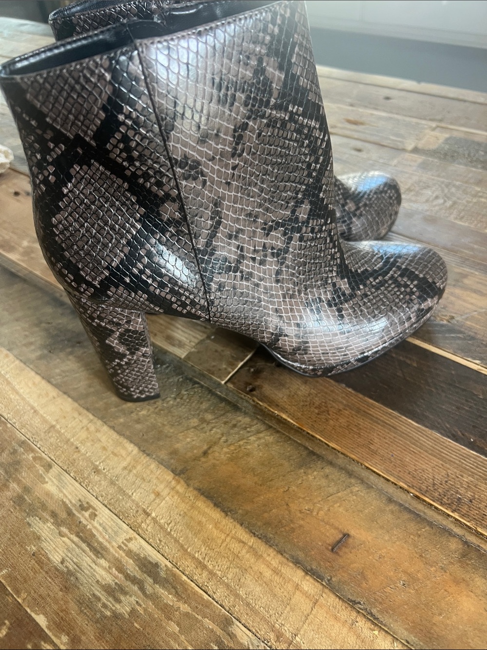 Charles By Charles David Snake-Print Block Heel Ankle Boots - Gray/Brown